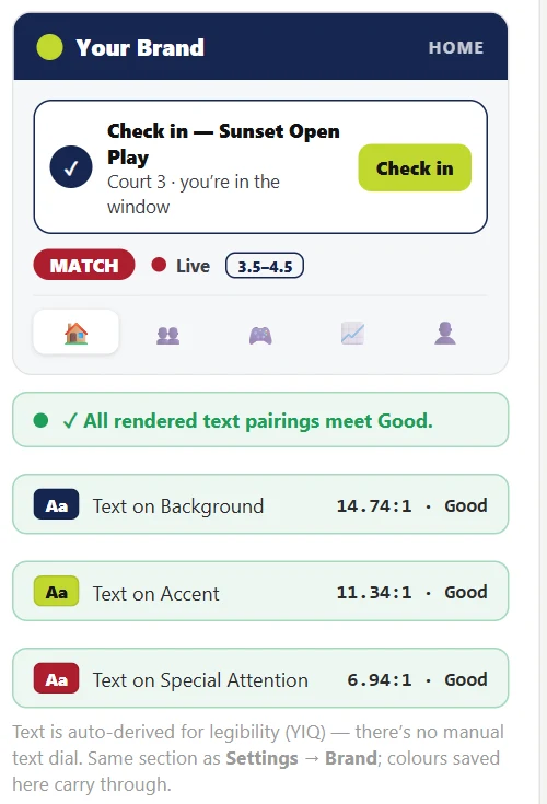 The staff console's brand settings with a live preview of the app in the club's colours, and every text colour checked for legibility.