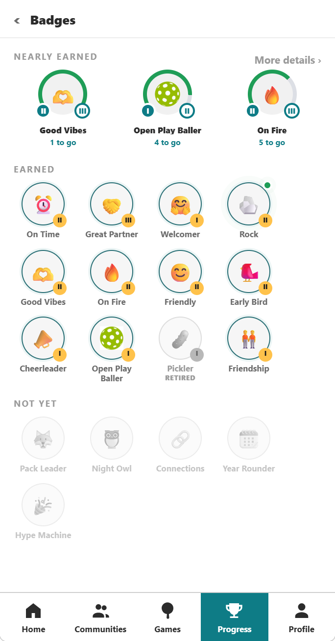 Your badges: earned, nearly earned and not yet.