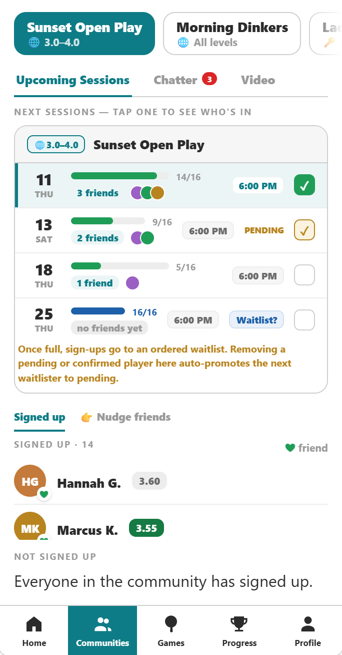 Upcoming open-play sessions with a one-tap sign-up box and how many friends are going to each.